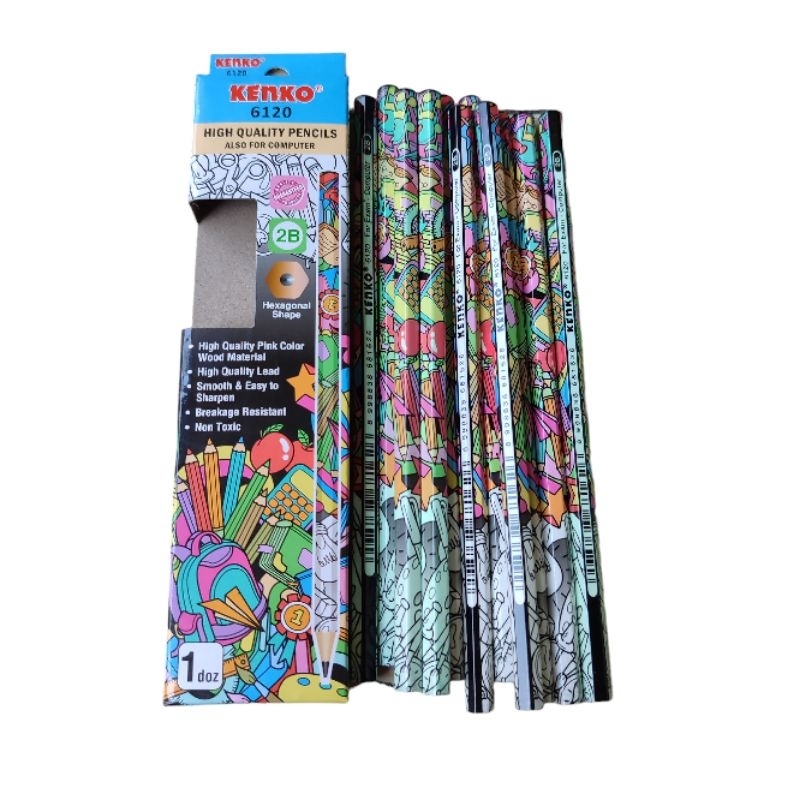 1 Pak isi 12 Pensil Kenko 2B Motif Doodle - Pensil Kayu 1 Pak Ujian Komputer Hexagonal Lusinan Grosi