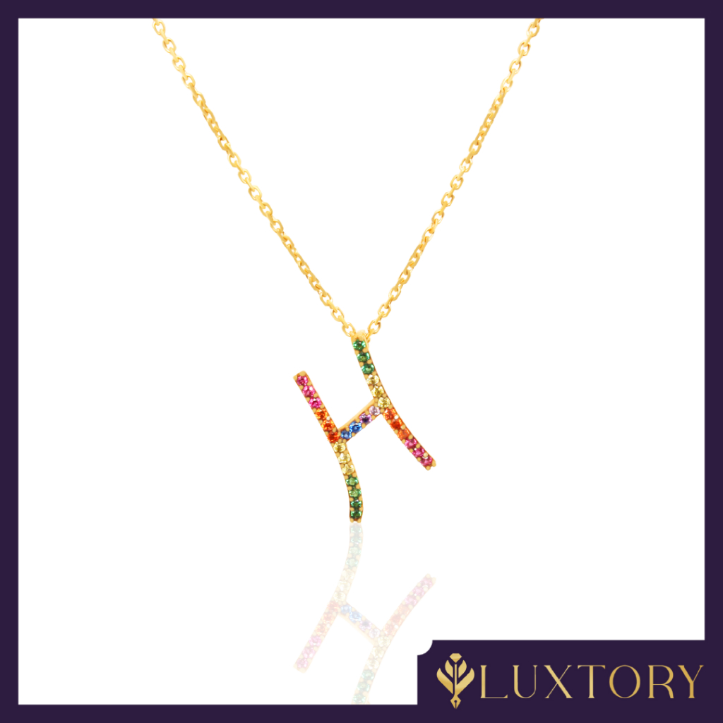 Kalung Kait Emas Huruf "H" Rainbow Permata 8K
