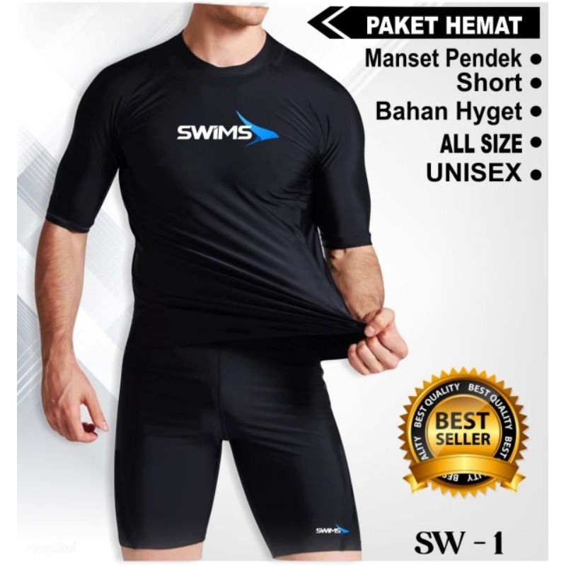 Setelan renang pria lengan pendek - baju dan celana renang pria ketat elastis - baju renang