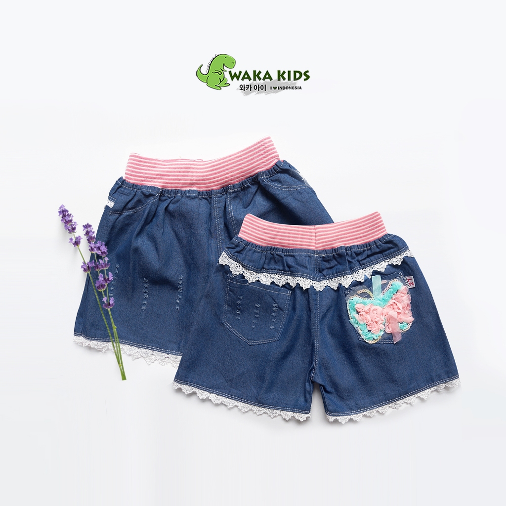 Wakakids Celana Pendek Anak Perempuan Hotpants Jeans West Rib Butterfly Renda 057 Vench