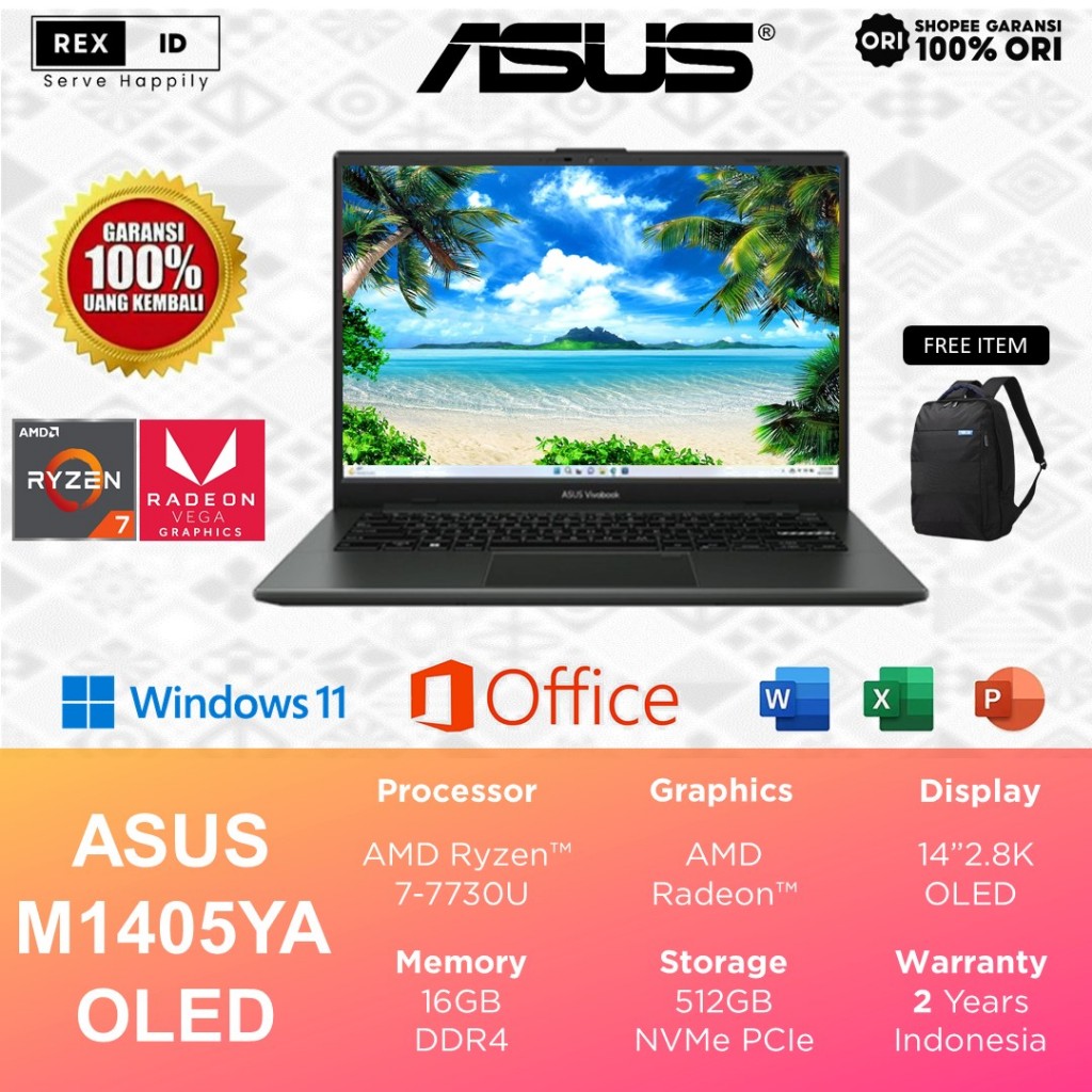 Laptop Asus OLED Ryzen 7-7730U 16GB 1TB 14.0" 2.8K Backlit Win11+OHS - Asus Vivobook M1405YA