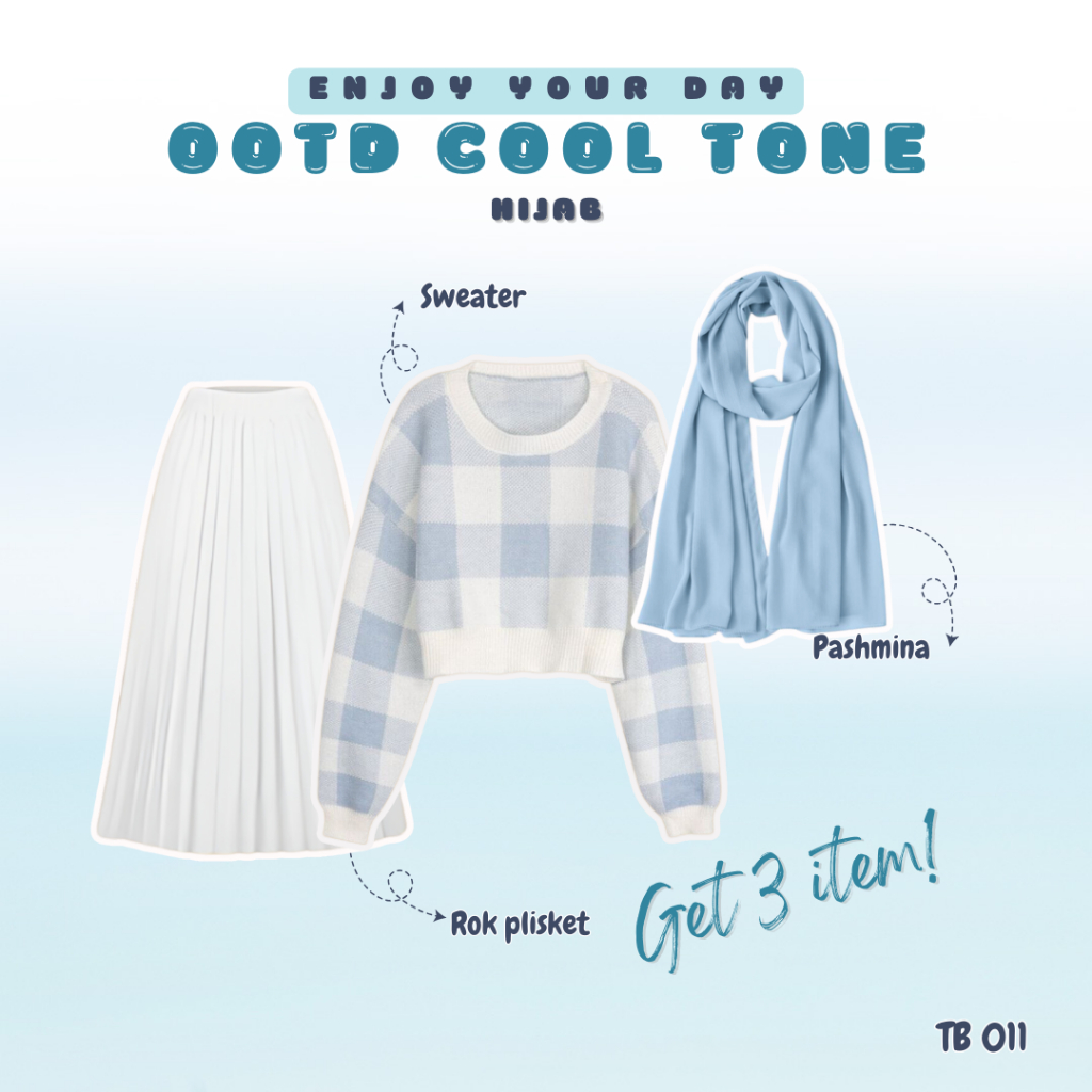 One Set Setelan Wanita Kekinian OOTD Cool Tone Hijab Sweater Soft Blue dan Rok Plisket Putih TB 011