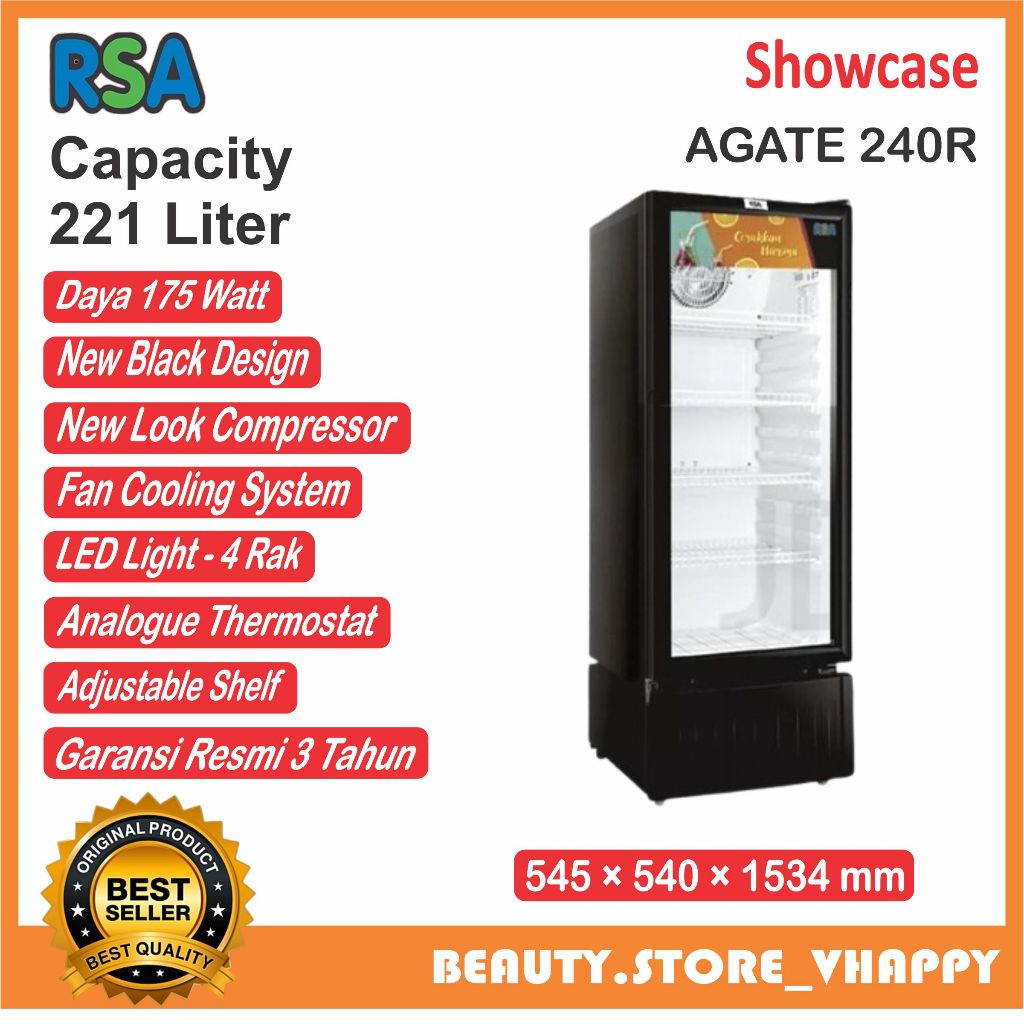 Showcase RSA 4 Rak 221 Liter AGATE-240R Garansi Resmi