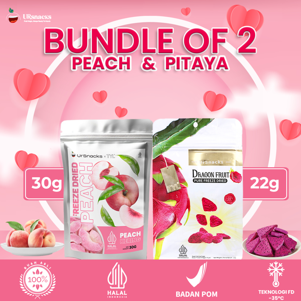 

URSNACKS Bundle Of 2 - Freeze Dried Peach 30gr + Freeze Dried Dragon Fruit 32gr