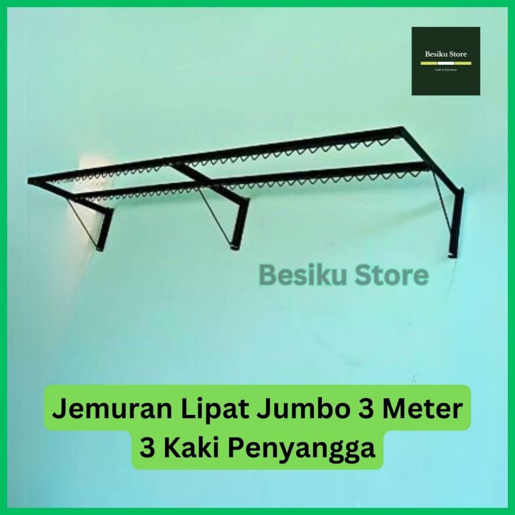 mocafeka - jemuran lipat dinding besi jumbo 3 meter 3 baris rak jemuran pakaian kuat