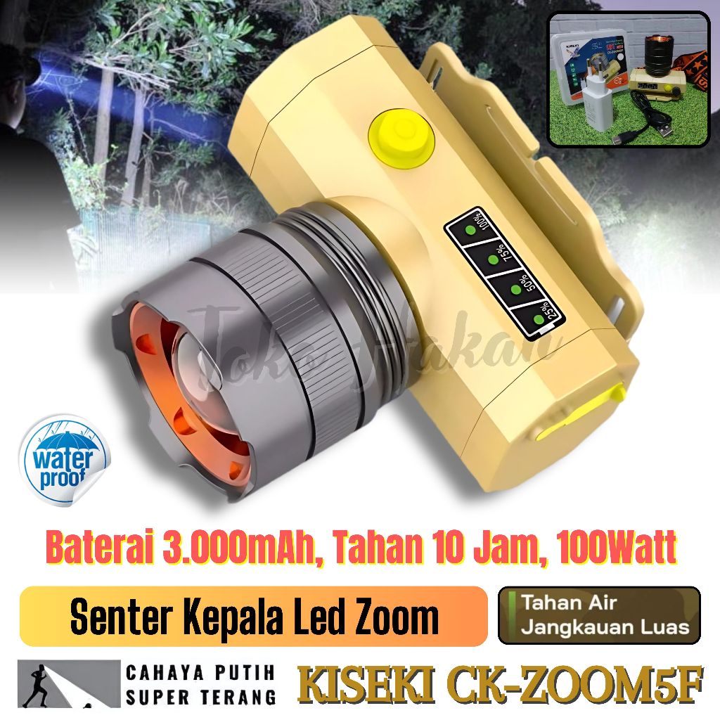 Senter Kepala Zoom 100Watt Senter Kepala Led Super Terang Kiseki Ck-Zoom5F 100W | Senter Kepala Anti