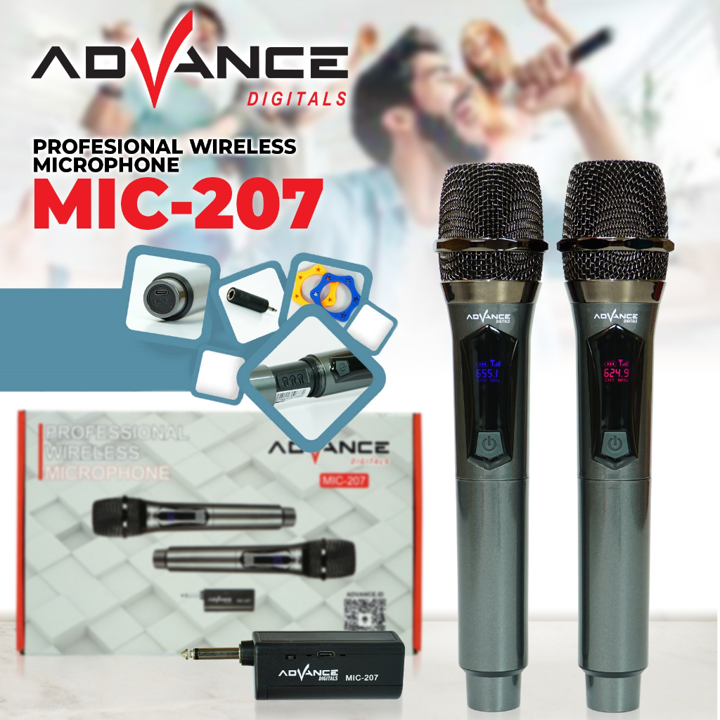 Advance MIC-207 Mic Wireless Karaoke 2pcs Mikrofon Dapat Diisi Ulang Professional Dynamic Microphone