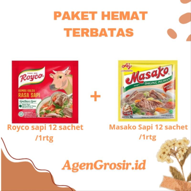 

A Grosir - Peket Hemat Bumbu Penyedap Rasa (Royco Sapi 12 sachet/1rtg+Masakosapi 12sachet/1rtg)