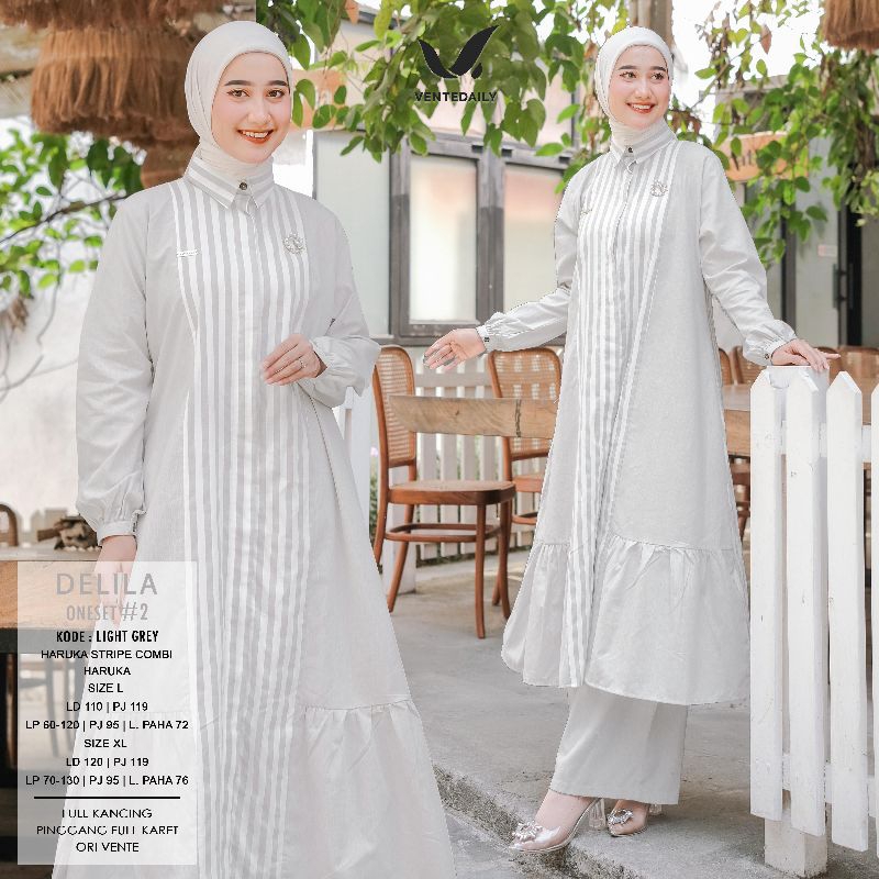 New Delila Oneset Setelan Salur Elegan Haruka Stripe Midi Dress Bonus Celana Original Vente Daily