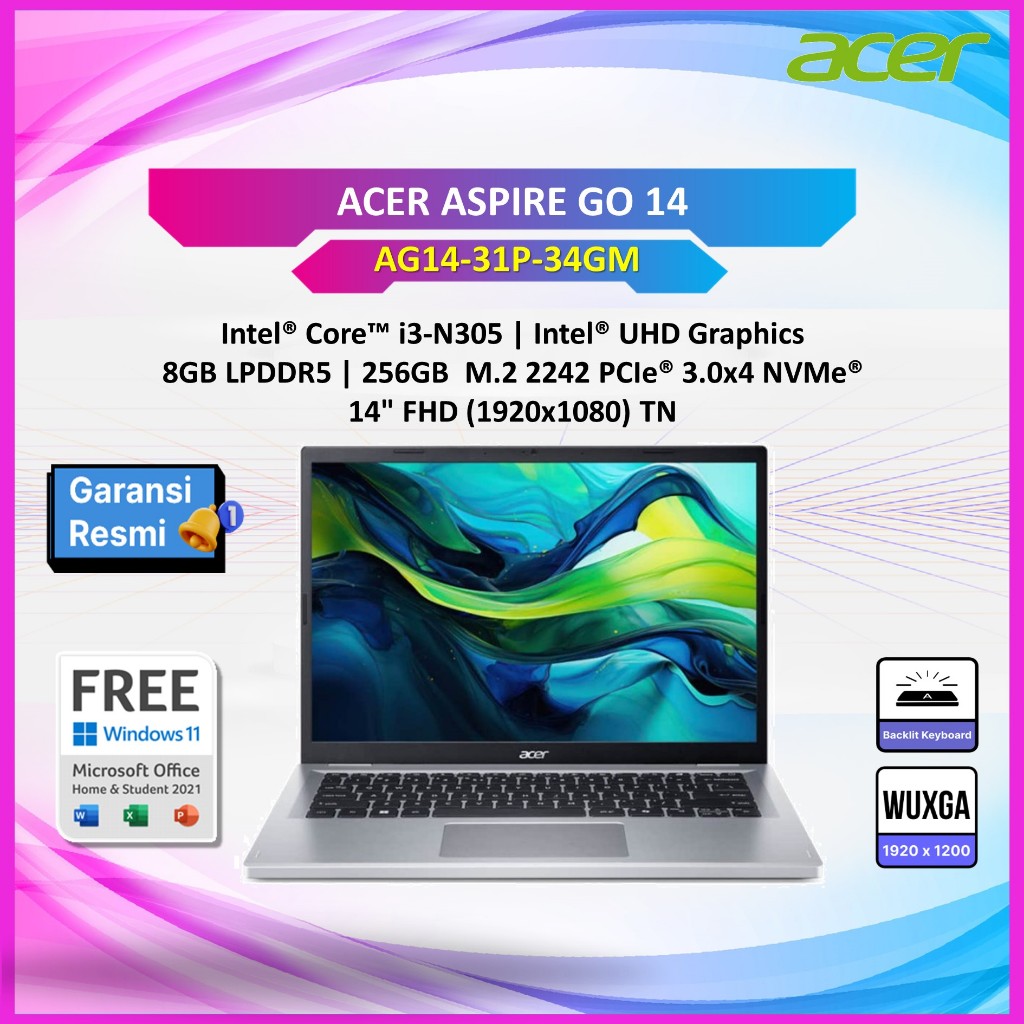 LAPTOP ACER ASPIRE GO 14 AG14 INTEL i3 N305 8CORE RAM 8GB 512GB / 256GB SSD WIN11 OHS 14" 0WUXGA- SI