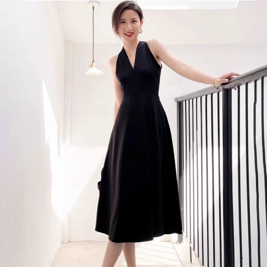 FOLADY - A079 Dress Wanita Import Dress Midi Tanpa Lengan V - Neck Warna Hitam Putih Polos Korea Sty