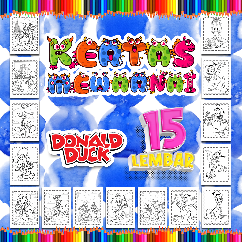 

Kertas mewarnai anak 15 Lembar. coloring worksheet paket lengkap sketsa Tema [Donald Duck]