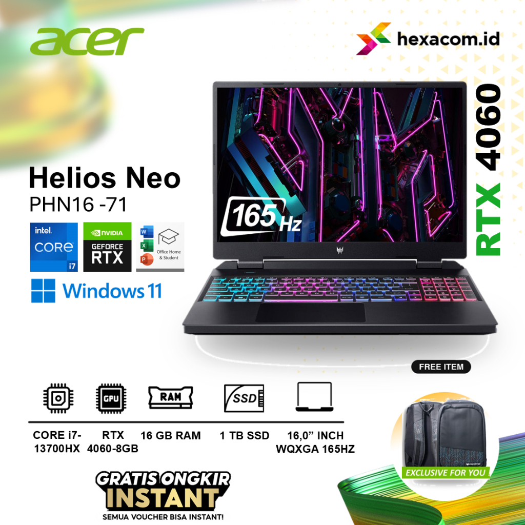 Acer Predator Helios Neo PHN16-71 i7-13700HX RTX 4060 RAM 16GB 1TB SSD 16.0" WQXGA 165HZ sRGB100 OHS