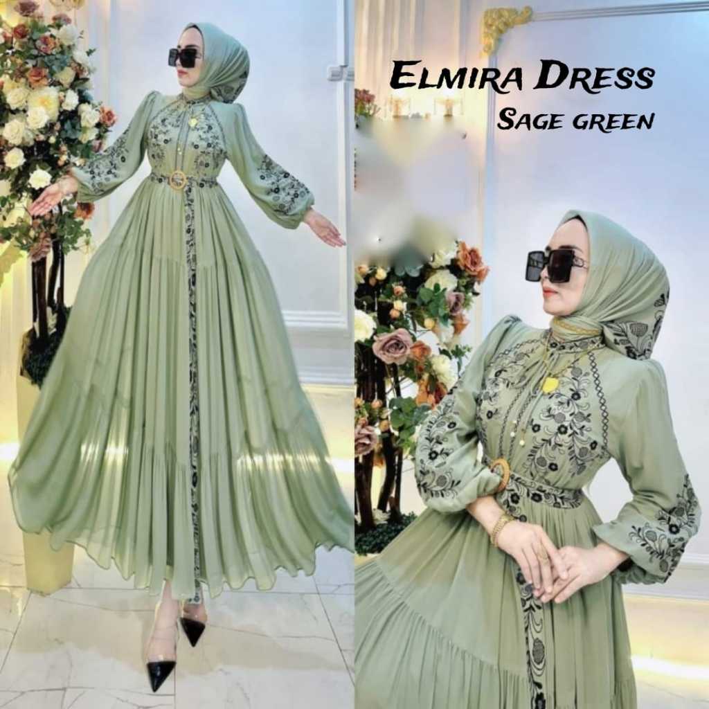 Elmira Dress Ceruty Babydoll mix Bordir premium Gamis Kondangan Jumbo Simple Elegan Gamis Bordir Wan