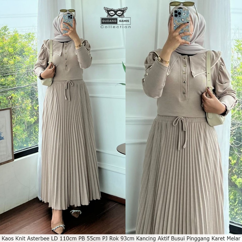 Setelan Rok Plisket Wanita Bahan Knit - Lingkar Dada 110cm, Panjang Baju 55cm, Panjang Rok 90cm