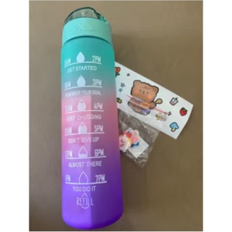 PROMO. botol viral botol pelangi 1 liter Gradasi 1 Liter Free stiker 3D free sedotan
