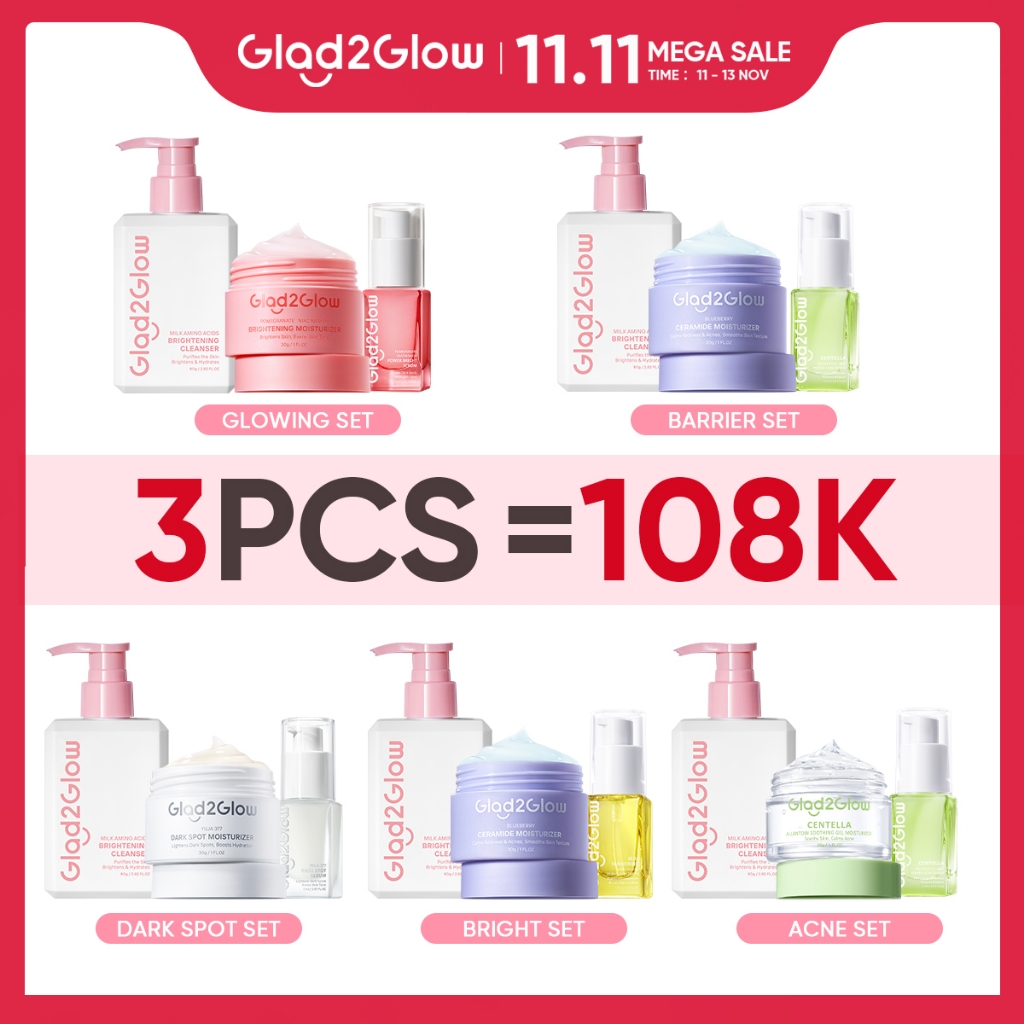 Glad2Glow SPECIAL BUNDLE 3in1 3pcs Paket Skincare Moisturizer Serum Face Wash  GLOWING KIT Dark Spot