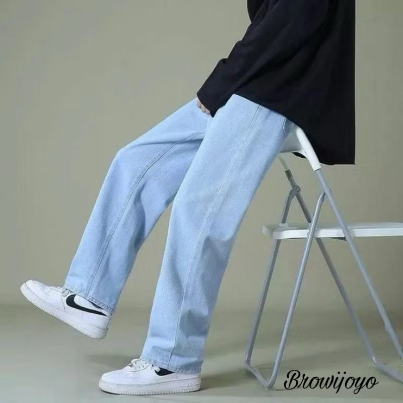 Celana jeans pria baggy pants korean style oversize loose blue jeans straight kulot boyfriend jeans 