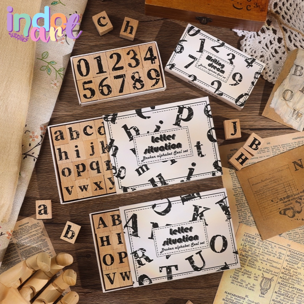 

(IAS) Wooden Stamp Stempel Kayu Rubber Vintage Retro Letters Alphabet Capital Number Huruf Besar Kecil