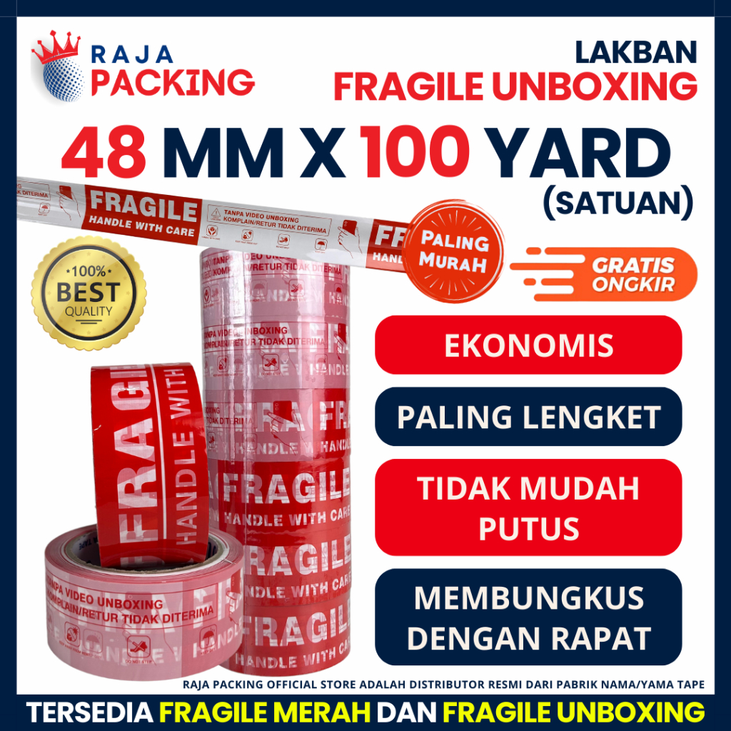 

Lakban Fragile Unboxing Merah Putih 2inch 48mm x 100yard Jangan Dibanting Selotip Unboxing (Satuan)