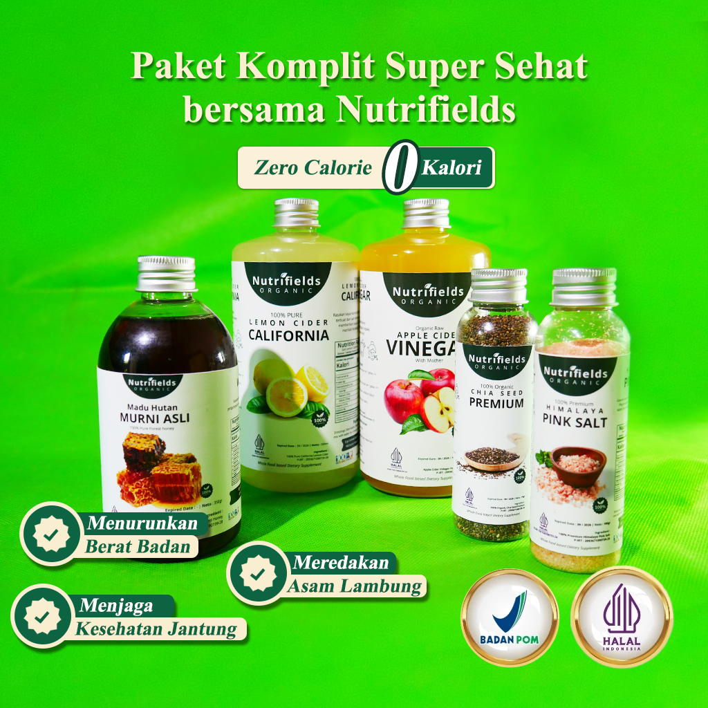 

PAKET SUPER 1 NUTRIFIELDS/CUKA APEL LEMON MADU HUTAN HIMALAYAN SALT CHIA SEED/CUKA APEL ORIGINAL