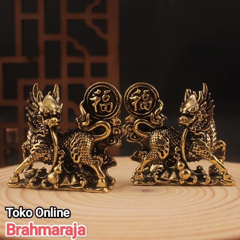 Sepasang Patung Kilin (QI LIN KEBERUNTUNGAN) Bahan Dari Logam Kuningan