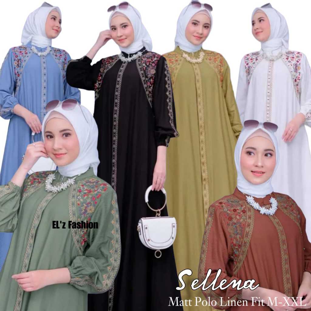 Sellena Maxy Dress Impor Fashion Muslim Dress Lebaran Gamis Bordir Minimalis Polo Linen Premium 2025