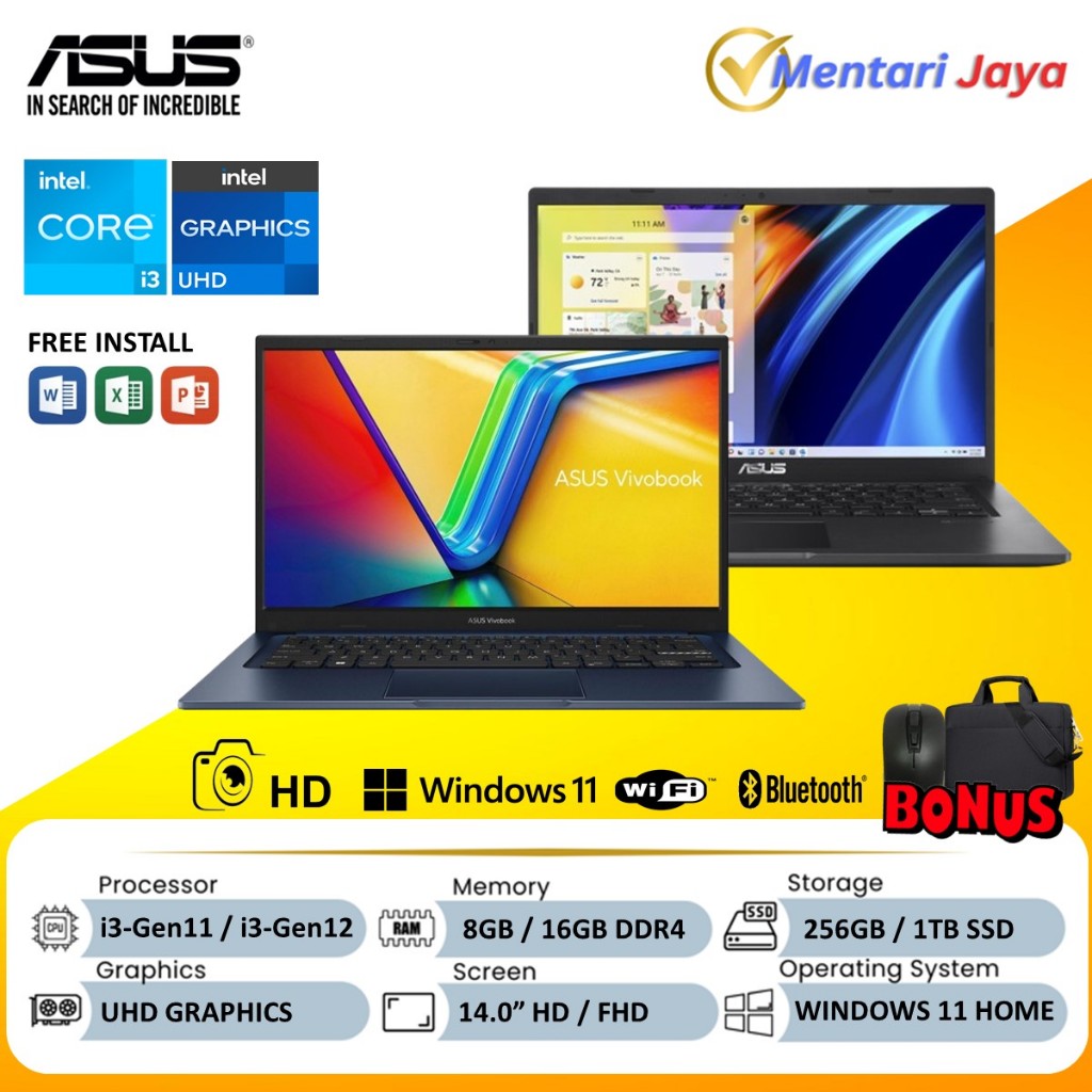 Laptop Asus Vivobook 14 Intel Core i3 1115G4 RAM 8GB SSD 1TB Win11 F1400EA Murah Baru Original