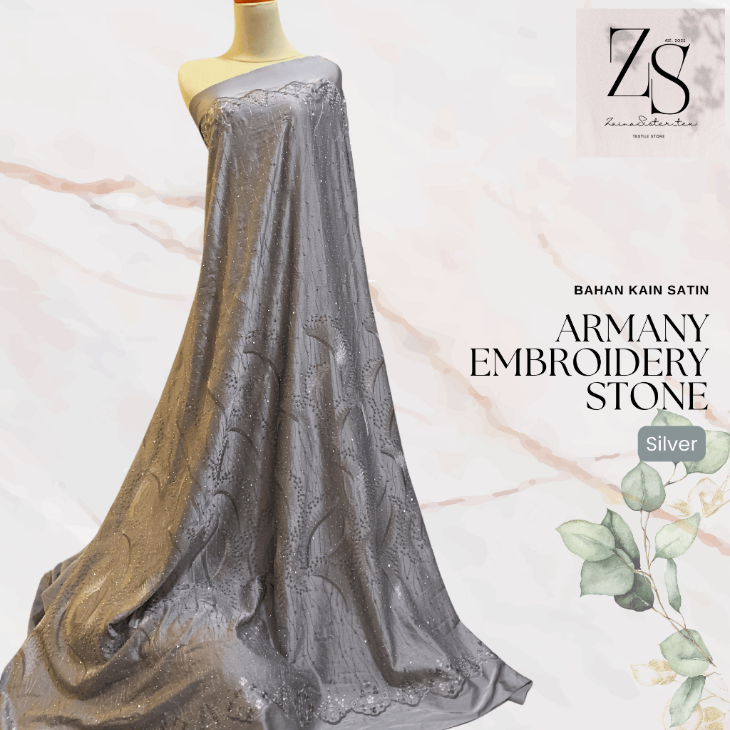 Bahan Kain Silk Bordir || Satin Embroidery Stone Mewah || *RMN* Bordir Warna Silver