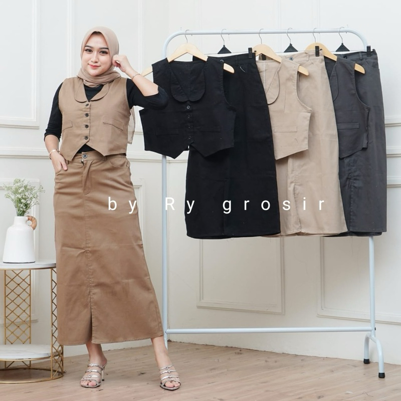 Setelan Wanita Hera Vest + Rok Span Bahan Katun Twill