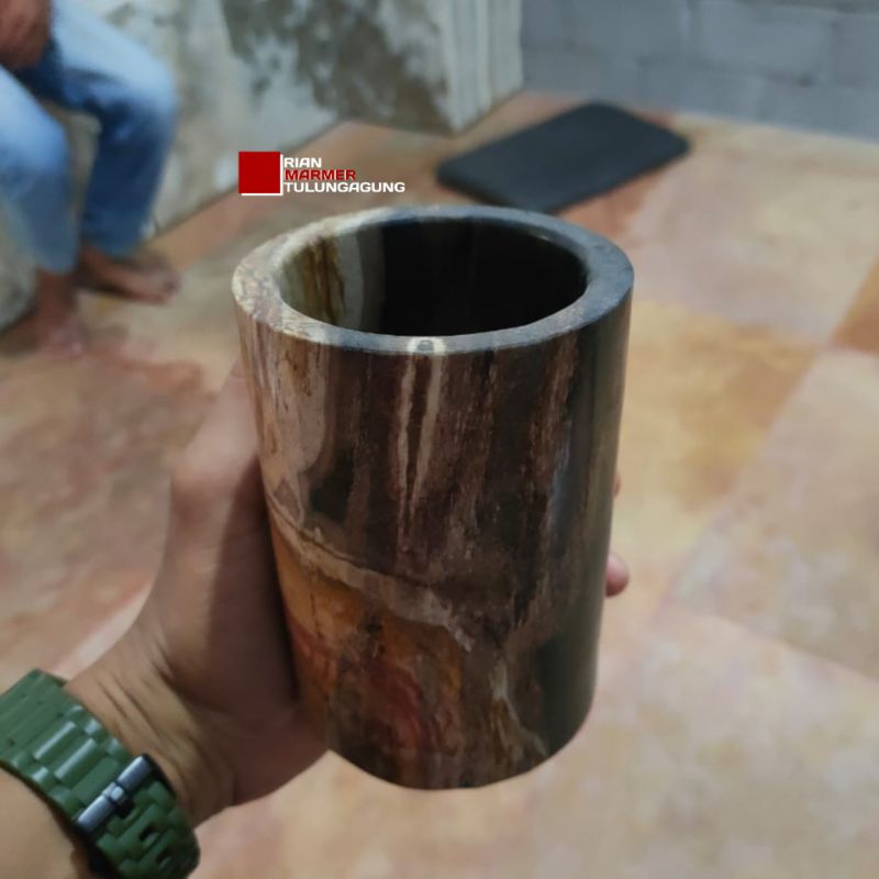 

Gelas wadah pensil pulpen batu fosil kayu antik