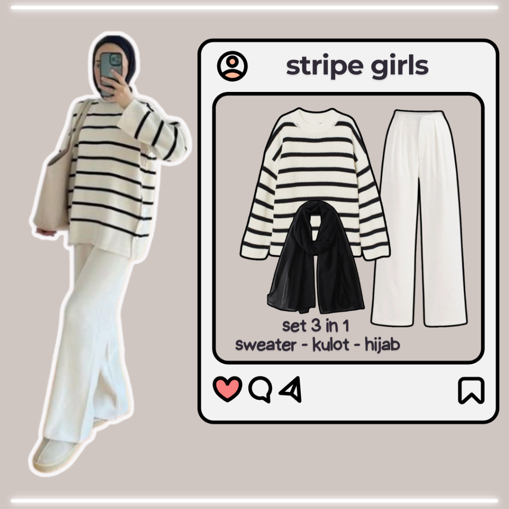 Oset 3in 1 ( Sweater - Kulot - Hijab ) Ootd Stripe Girls Setelan Wanita Muslim - BH1