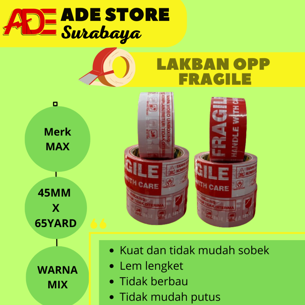 

Lakban Fragile/ Unboxing 45mm x 65yard Merk MAX