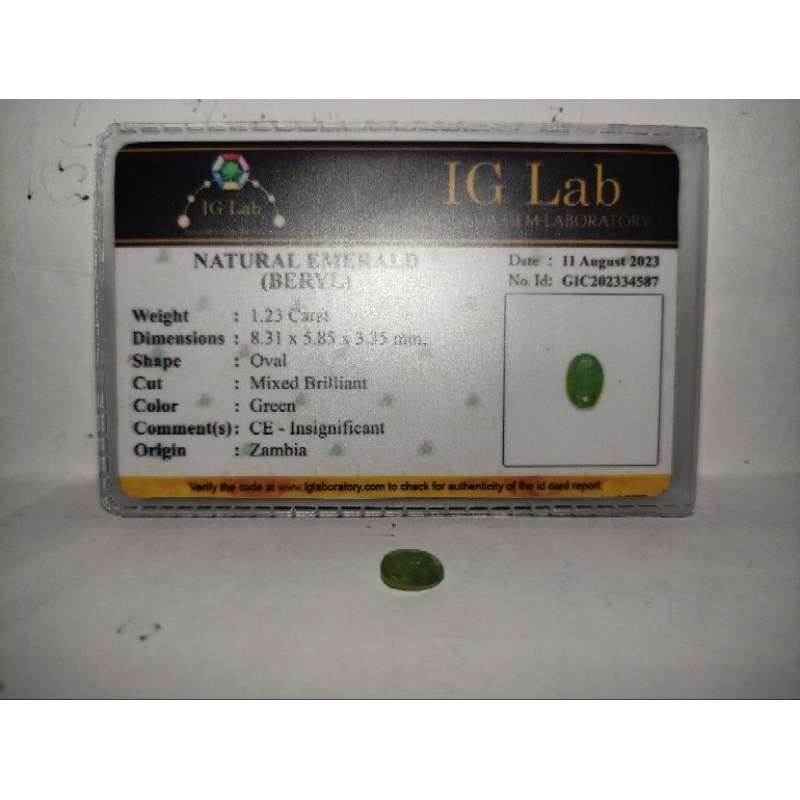 Natural Emerald (Berryl) Zambia, CE - Insignificant plus Memo IG lab