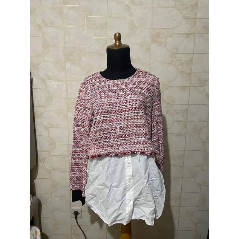 Baju Zara wool tweed blouse kemeja preloved second branded