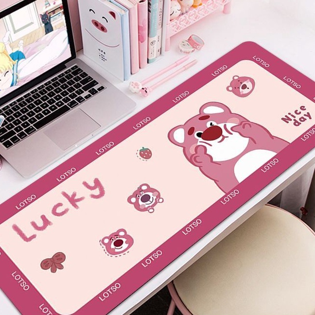 KF7 Cute Desk Pad Beruang Stroberi  Desk Mat Karakter  Mouse Pad  Alas Mous  Alas Meja Komputer WFH 