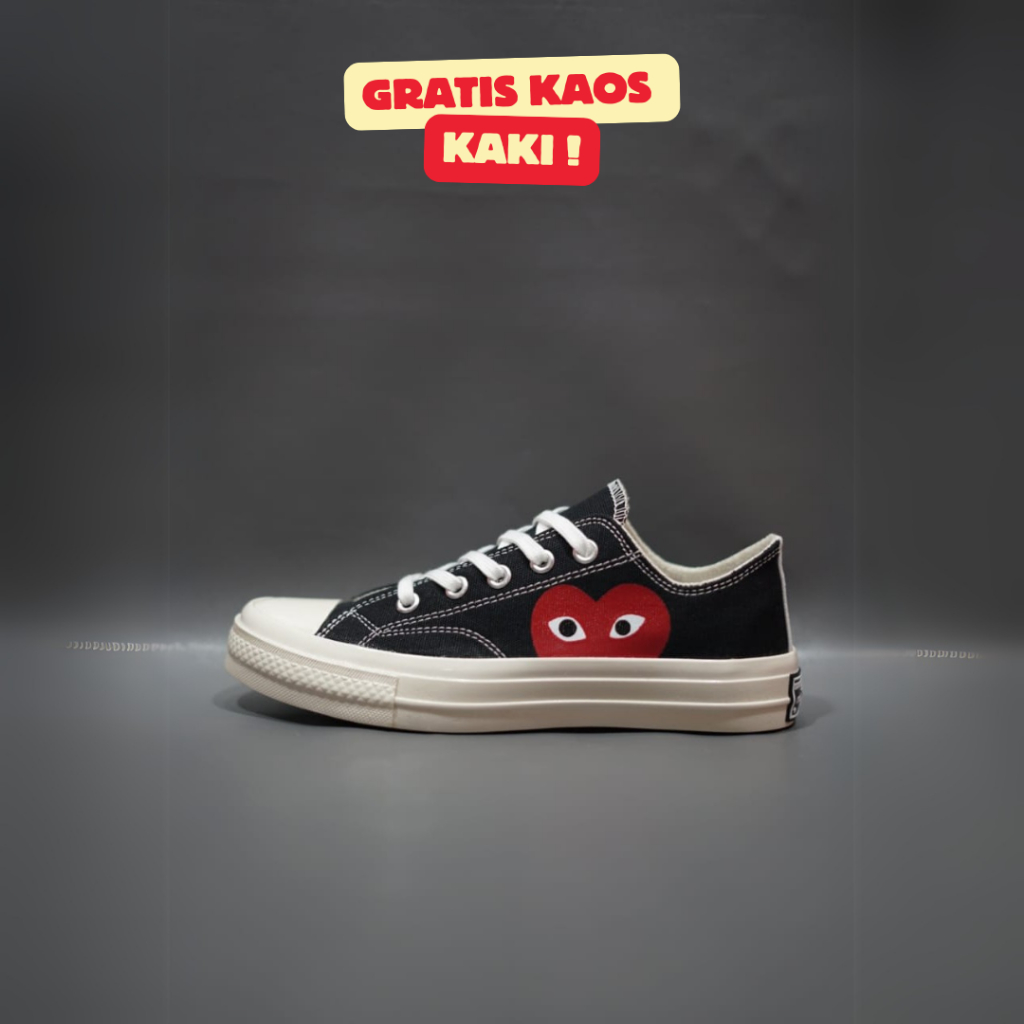 SEPATU CONVERSE 70S LOW X CDG PLAY LOVE BLACK WHITE SOL GLOSSY GRADE ORIGINAL 36-43 SNEAKERS HITAM