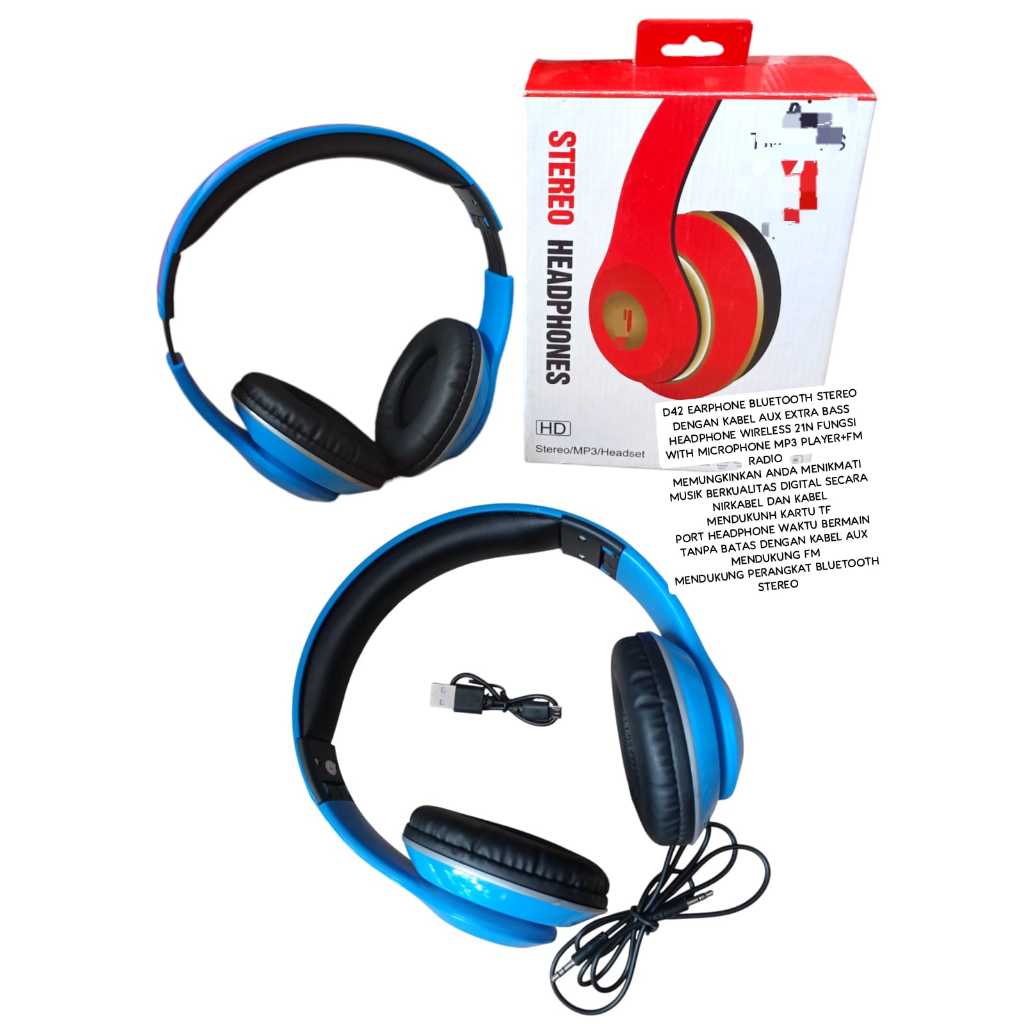 D42 ORI HEADPHONE  BLUETOOTH STEREO DENGAN KABEL AUX EXTRA BASS HEADPHONE WIRELES 2IN1 FUNGSI WITH