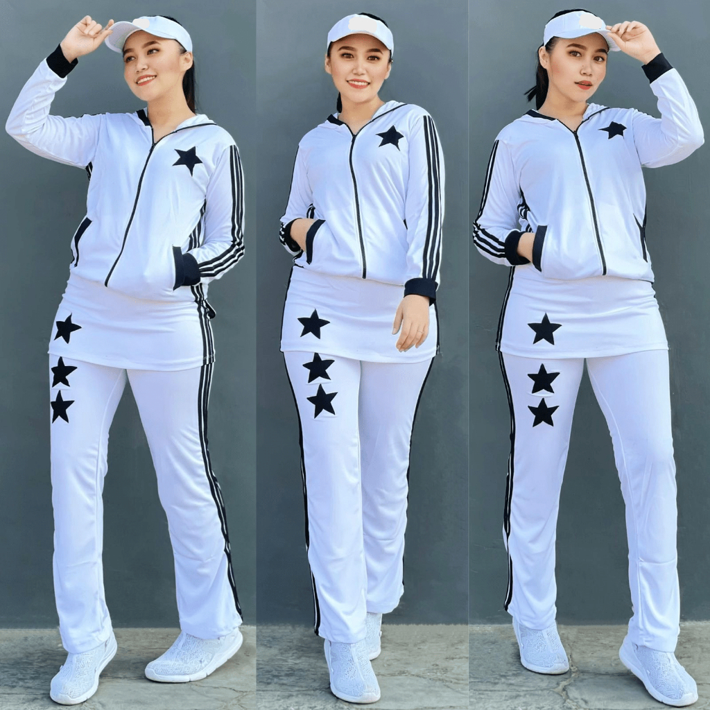 Setelan Baju Olahraga telan Lapangan Panjang Muslimah Hijab Set Rok Putih Hitam