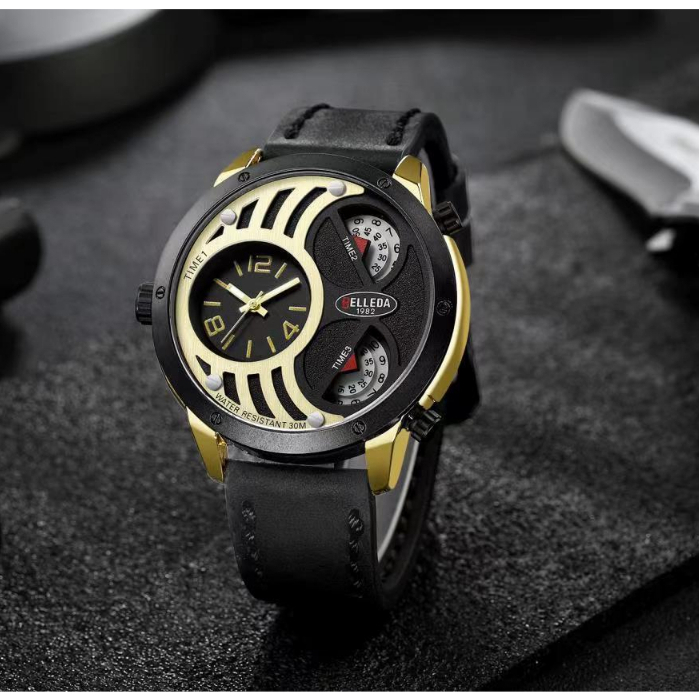 Jam Tangan Pria Belleda 9257 Strap Kulit Analog Triple Mesin Men Watch Anti Air 3Atm