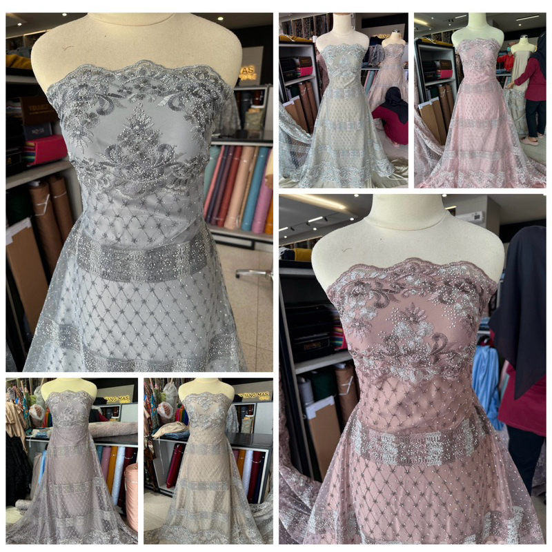 Kain brokat tile bordir two tone stone Rahia / gamis outer tunik kebaya