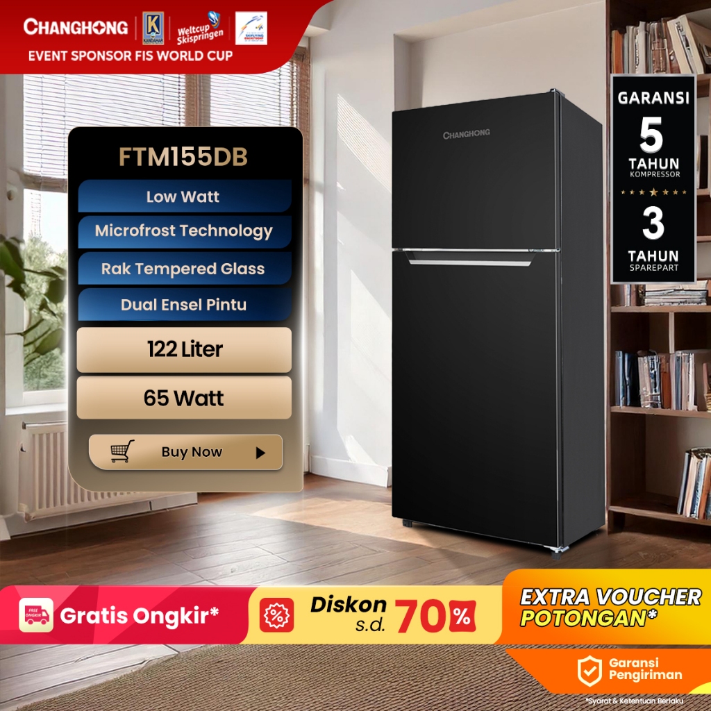 Changhong  Kulkas 2 Pintu  (Refrigerator) Lemari Es  Kapasitas 122 Liter FTM155DB Black (Semi Auto D