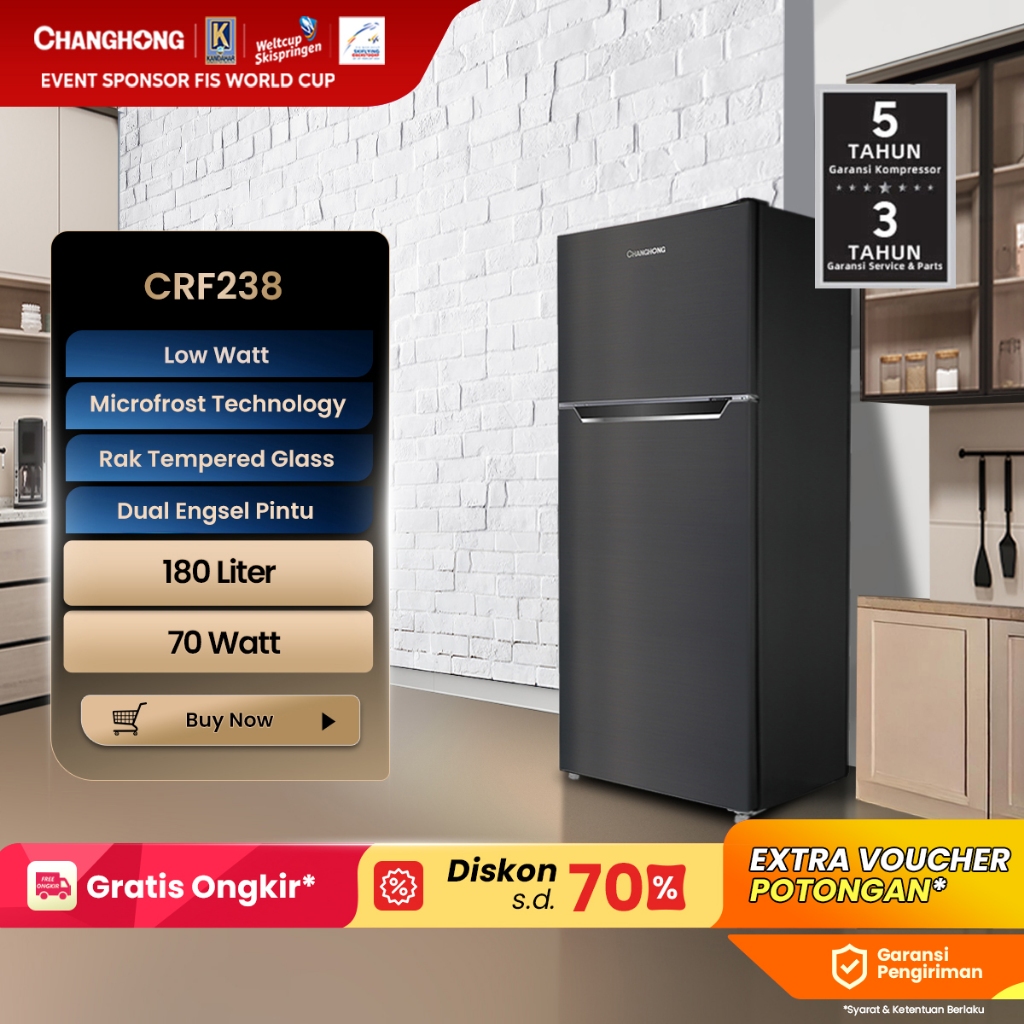 Changhong Kulkas 2 Pintu  (Refrigerator) Lemari Es Kapasitas 180 Liter CRF238 – Black (Semi Auto No 