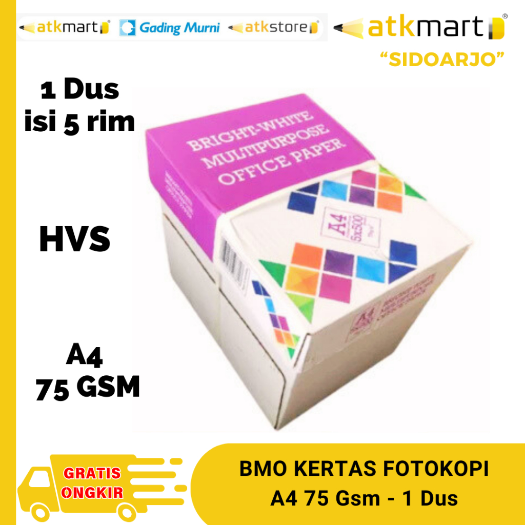 

BMO Kertas Print HVS A4 75 Gsm 5 RIM kertas fotocopy - 1 DUS