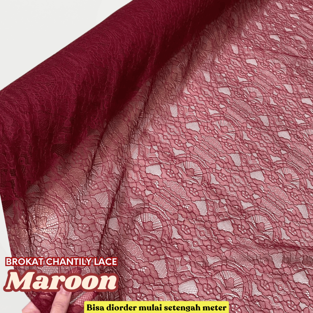 1/2 Meter Bahan Kain Brukat Lace Chantily Semi France Premium Warna Merah Maroon