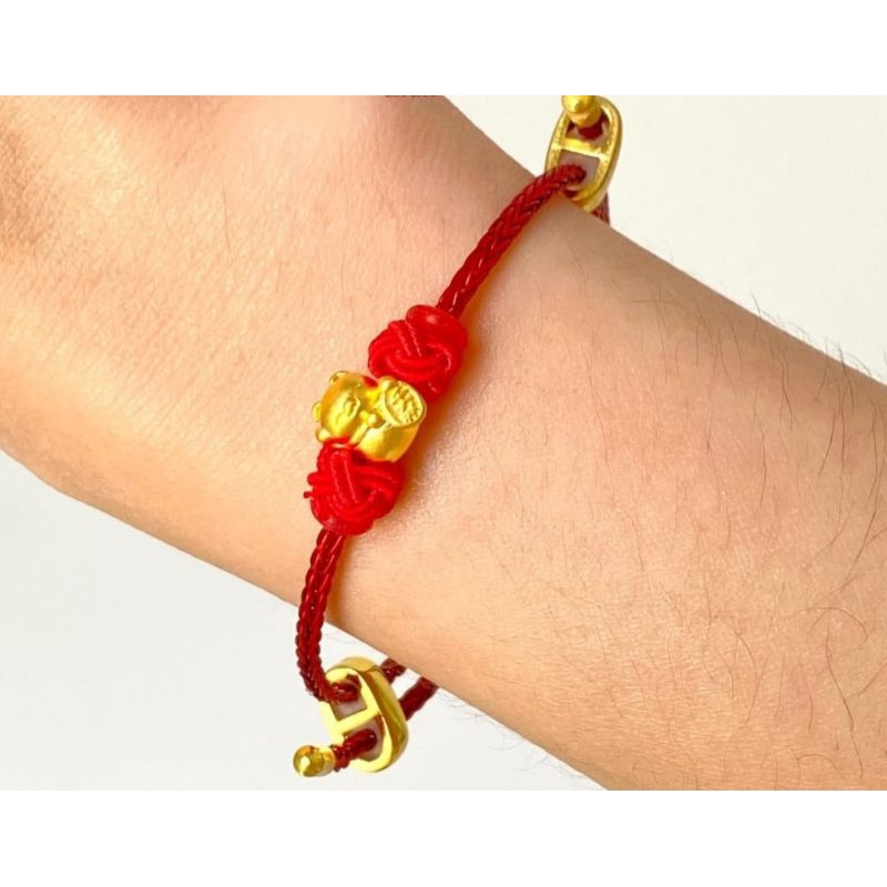 Gelang Emas Asli Charm Kucing Rejeki 24K Hongkong 999% Tali Pandora Merah dan Hitam