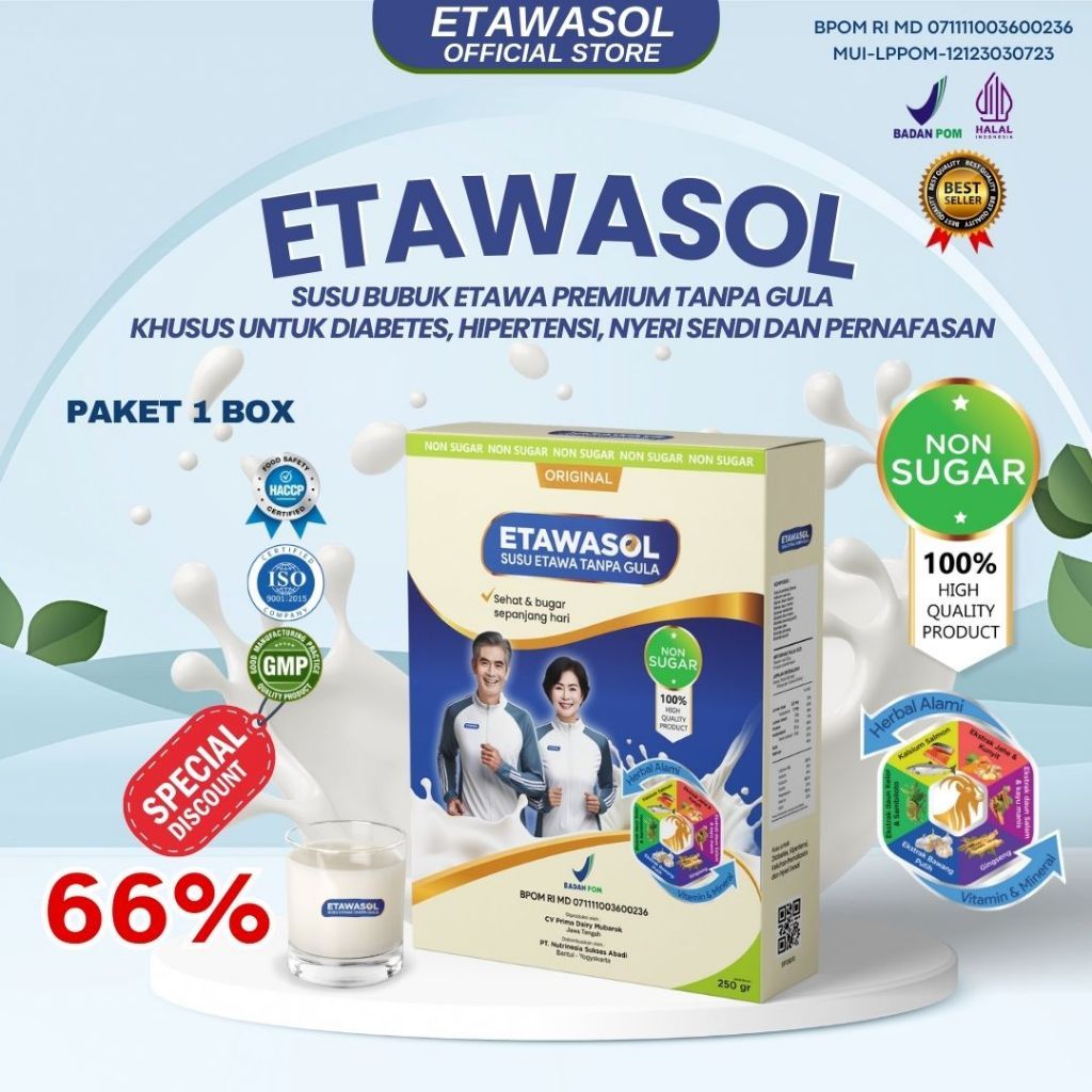 

Etawasol Susu Kambing Etawa Non Sugar Untuk Diabetes, Hipertensi, Nyeri Sendi & Pernafasan Paket 1 Box Kemasan 250gr