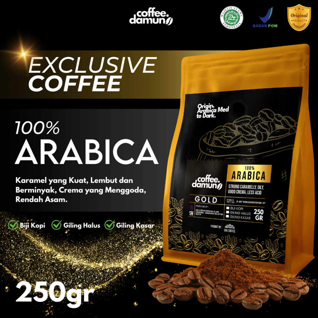 

Exlusive Series Biji Kopi giling 100% GOLD Arabika Espresso Coffee Beans 250gr Kopi Premium