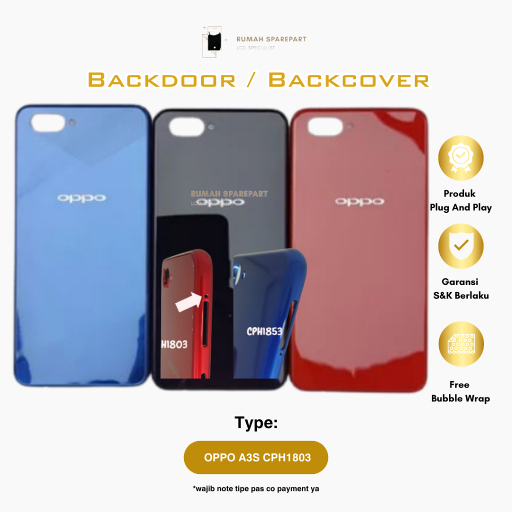 Backdoor Oppo A3S CPH1853 & CPH1803 Backcover Backcase Softcase Frame Papan Cas Flexible Temperglass