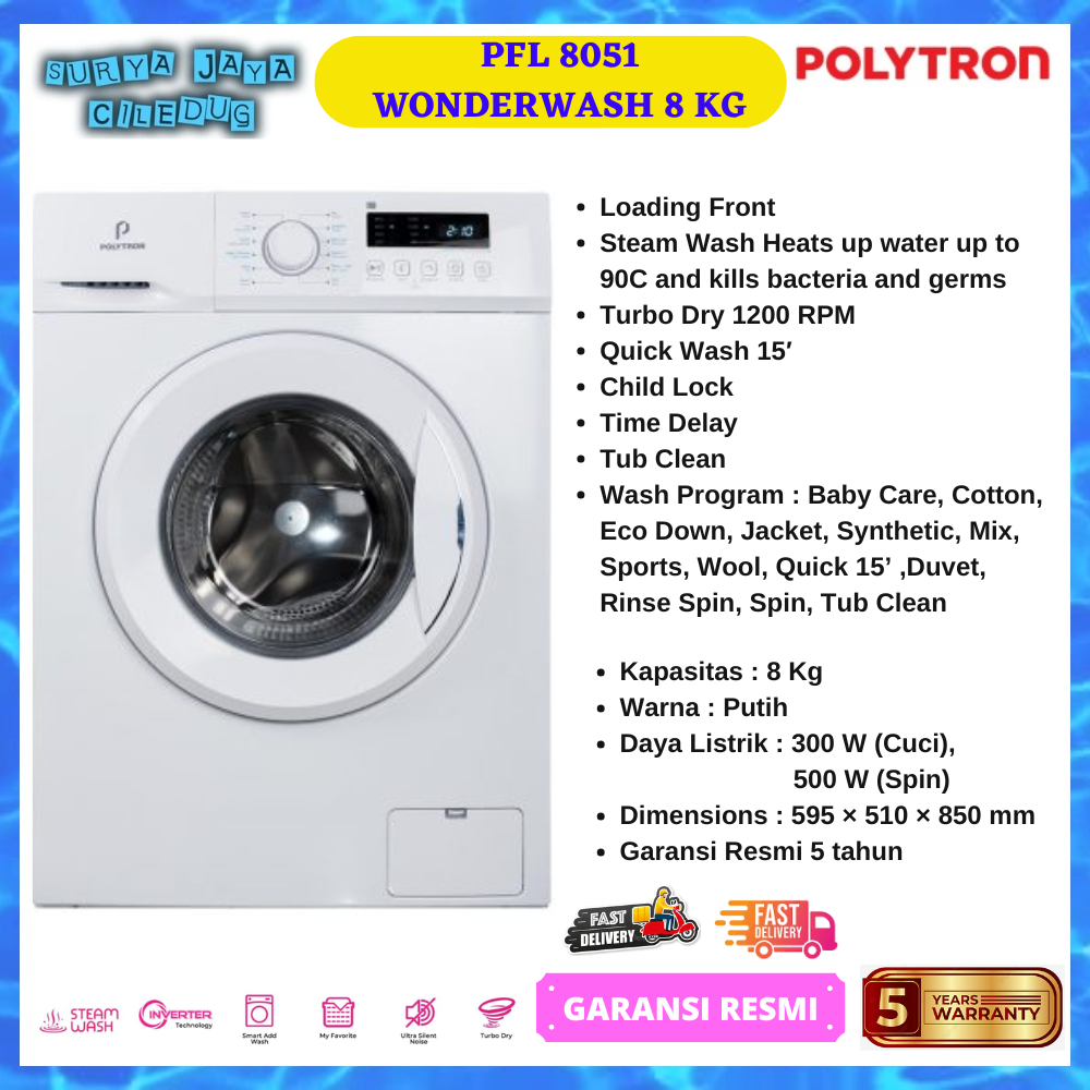 MESIN CUCI POLYTRON PFL 8051, PFL8051 FRONT LOADING WONDERWASH 8 KG